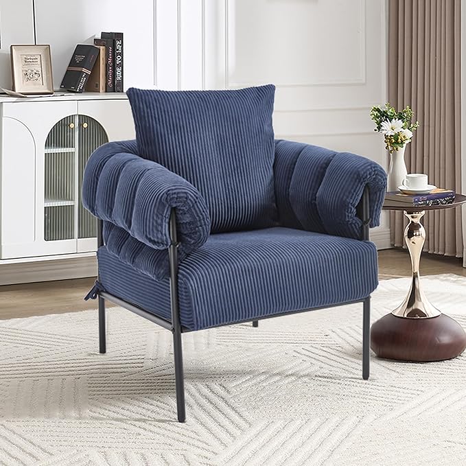 YISHENG Modern Velvet Accent Chair Upholstered Comfy Lounge Sofa Chair Fabric Oversize Lazy Arm Chair with Soft Cushion Metal Frame Reading Chair for Living Room BalconyBedroomBlue 1PC
