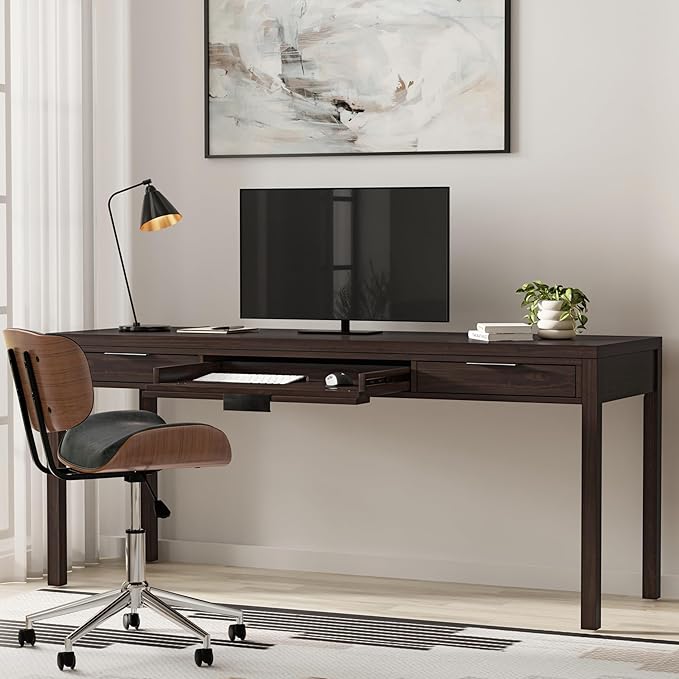 SIMPLIHOME Hollander Desk - 72 Inch Wide Solid Wood Writing Desk in Warm Walnut Brown Contemporary Modern Home Office Computer Table for Study with 2 Drawers and Flip-Down Keyboard Tray