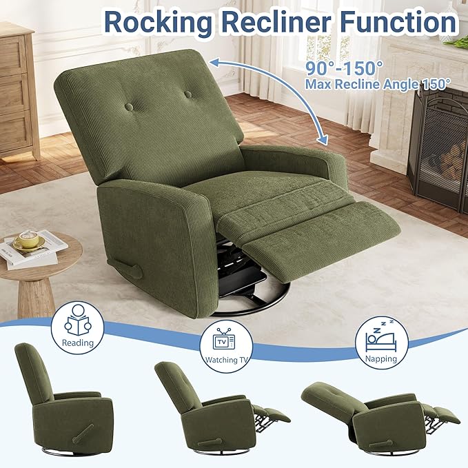 GarveeHome Recliner Chairs Swivel Rocker Recliner Glider Recliner Nursery Chair for Adults 360° Swivel Glider Rocking Chair for Living Room Bedroom Office RV Small Spaces Corduroy Green