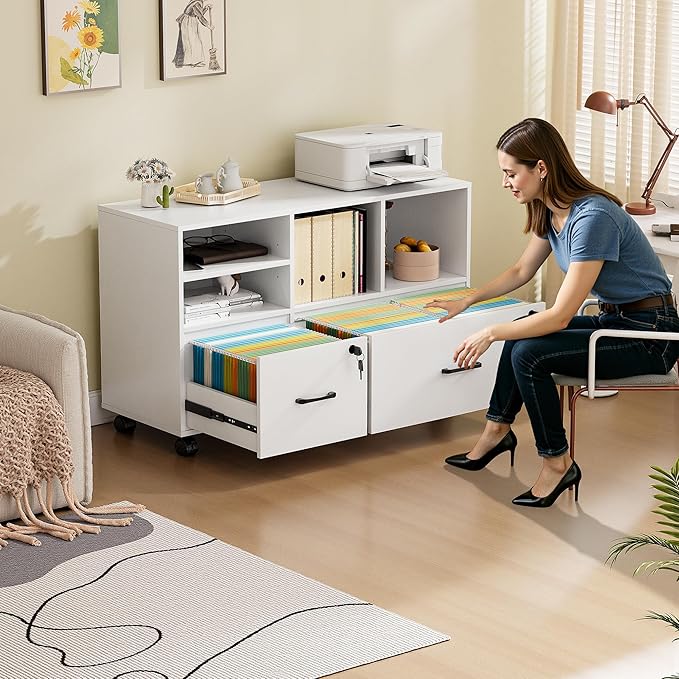 2 Drawer Wood Mobile Large Lateral File Cabinet Lockable Rolling Filing Cabinet with Storage Shelves Printer Stand Office Storage Cabinet for Home Office Fits Files Legal/A4 White