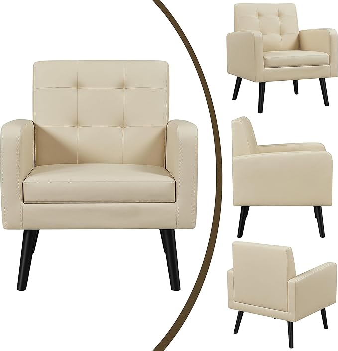 Topeakmart Mid Century Accent Chair Modern and Cozy PU Leather Barrel Sofa Chair with Thick Cushion and Sturdy Wood Legs for Living Room/Bed Room/Office Waiting Area Beige