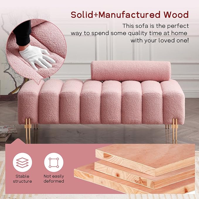 NIOIIKIT 53.2 Modern Loveseat Sofa Couch Upholstered Accent Sofa with Golden Legs and Adjustable Backrest Small Teddy Fleece Couches for Bedroom Living Room Compact Small Space (Pink Teddy)
