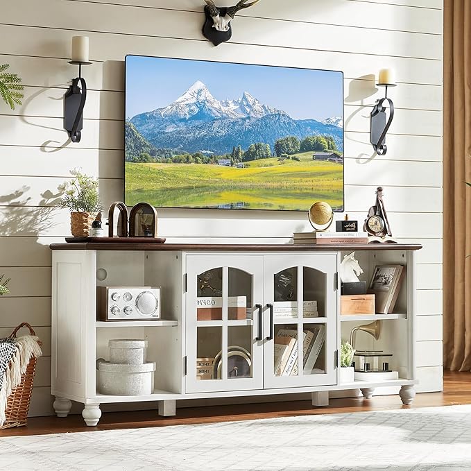 Farmhouse TV Stand for 60 Inch TV Wood Entertainment Center with Adjustable Shelves &amp Glass Door Storage CabinetTelevision Stands for 65 TVSTV Console Table for Living RoomBedroomWhite