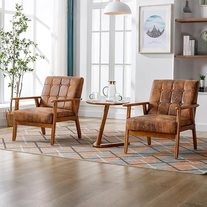 PU Leather Accent Chair Set of 2 Mid-Century Modern Armchair with Solid Wood Armrests Button-Tufted Comfortable Cushioned Reading Chairs for Living Room Bedroom (Coffee