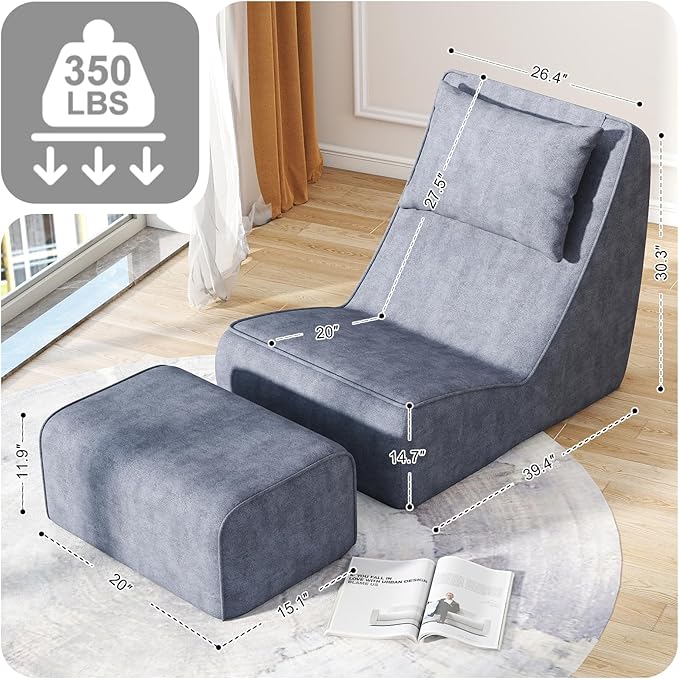 Giant Bean Bag Chair for Adults - Indoor Chaise Lounge with Neck Pillow &amp Ottoman All-in-One Sponge Design Comfy Floor Chair for Reading Gaming Napping and Movies (SlateGray)