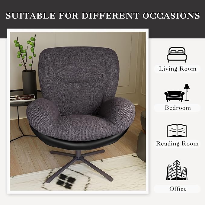 Christopher Knight Home 360° Swivel Accent Chair Modern Chenille Lounge Chair with Faux Leather and Black Metal Base Frame Reading Chair for Small Spaces Living Room Bedroom Dark Gray