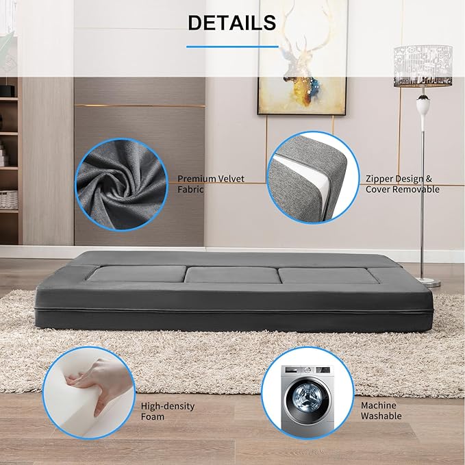 PUREMIND Velvet Folding Sofa Bed Upholstered Floor Sofa Bed with 3 Ottomans Fold Out Couch Bed with High-Density Foam Convertible 2-in-1 Foldable Sleeper Sofa for Guest Bedroom Living Room