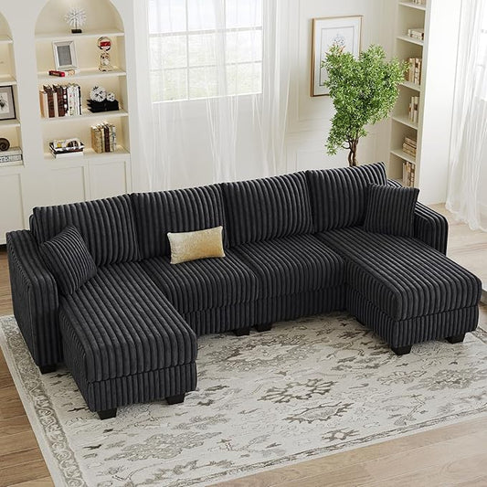 Belffin U Shaped Couch with Reversible Chaises Sectional Couches for Living Room Sectional Couch with Ottomans Corduroy (Dark Grey U Shaped)