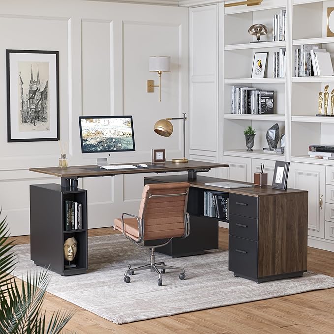 FEZIBO L Shaped Standing Desk 63 inch Executive Standing Desk Adjustable Height Desk with Storage Drawers for Home Office Deep Wood Grainy