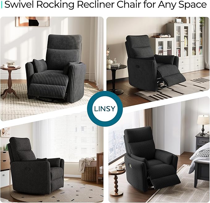 LINSY 360 Swivel Recliner Chair Nursery Glider Rocking Chair with 2 Pillows Corduroy Nursing Chair Comfy High Back Adult Rocker Recliner for Small Spaces Nursery Bedroom Living Room (Black)