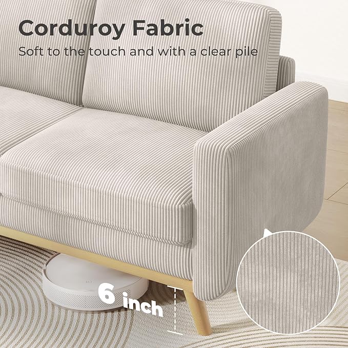 Vesgantti 68 Loveseat Sofa Light Grey Comfy Corduroy Couch with Spring Cushion and Solid Wood Modern Deep Seat for Bedroom Living Room Office