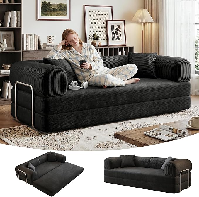 78 Inch Folding Convertible Sofa Bed 4-in-1 Oversized Cloud Corduroy Upholstered Boneless Couch Loveseat Sleeper with Pull Out Bed Modular Futon Floor Sofa Couch for Living Room Bedroom Lounge
