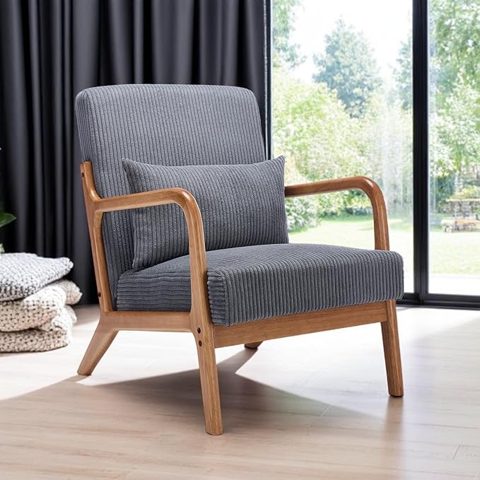 Mid-Century Modern Accent Chair Arm Chair Living Room Chairs with Pillow Upholstered Reading Chair with Solid Wood Frame &amp Corduroy Fabrics for Living Room Bedroom Balcony (Corduroy Dark Grey)
