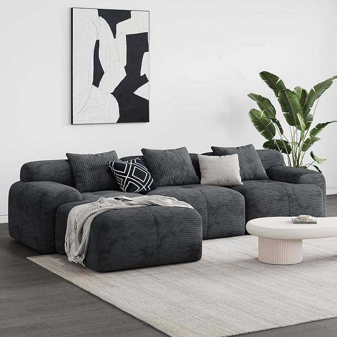 Modern L-Shaped Modular Sectional Sofa for Living RoomOversized 3-Seater Couch with Deep Seat and Movable Ottoman – No AssemblyComfortable Suede Fabric Boneless Sofa(Dark Gray) (Dark Gray)