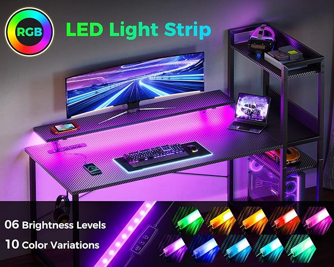 ODK Reversible Gaming Desk LED Lights 40 Inch Computer Desk with Storage Shelves &amp Monitor Stand Study Table for Home Office Small Space Bedroom Carbon Fiber Black