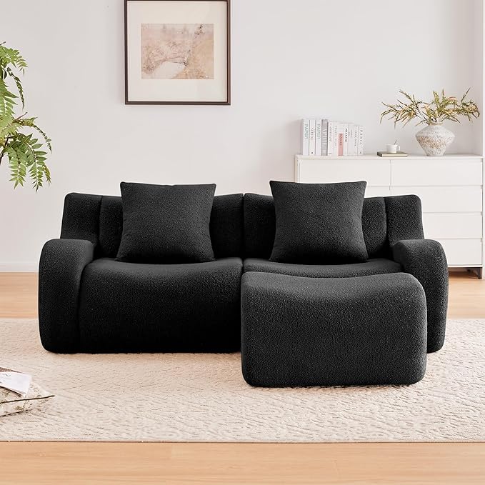 Modular Sectional Sofa for Living Room 82.7 L-Shaped Loveseat Cloud Couch with Movable Ottoman 2-Seat Teddy Fabric Boneless Sofa Curved ArmrestStreamlined Ergonomic Design