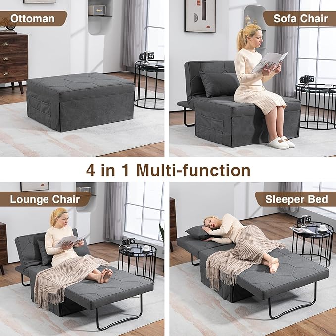 4 in 1 Sleeper Chair Convertible Sleeper Sofa with Ottoman Ottoman Bed for Adults Sofa Bed with Adjustable Backrest for Living Room Apartment Office Light Grey