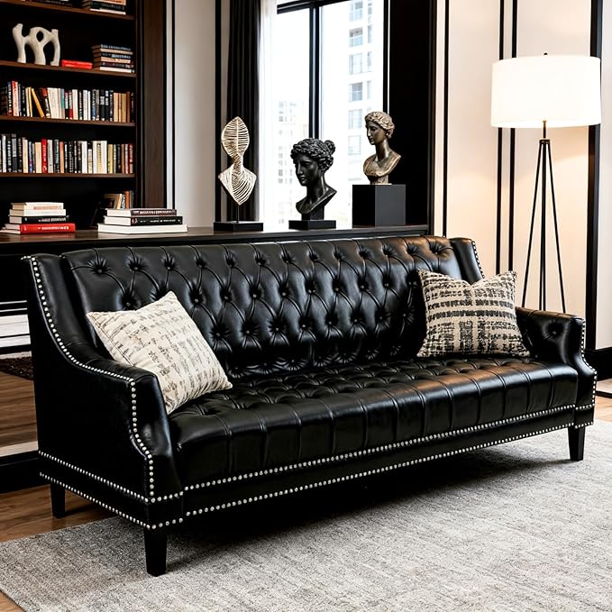 chairus Mid-Century Modern 74.5 Faux Leather Sofa Tufted Upholstered 3 Seater Couch with High Back &amp Nailhead Trim Chesterfield Sofa for Living Room Bedroom Apartment Office Black PU