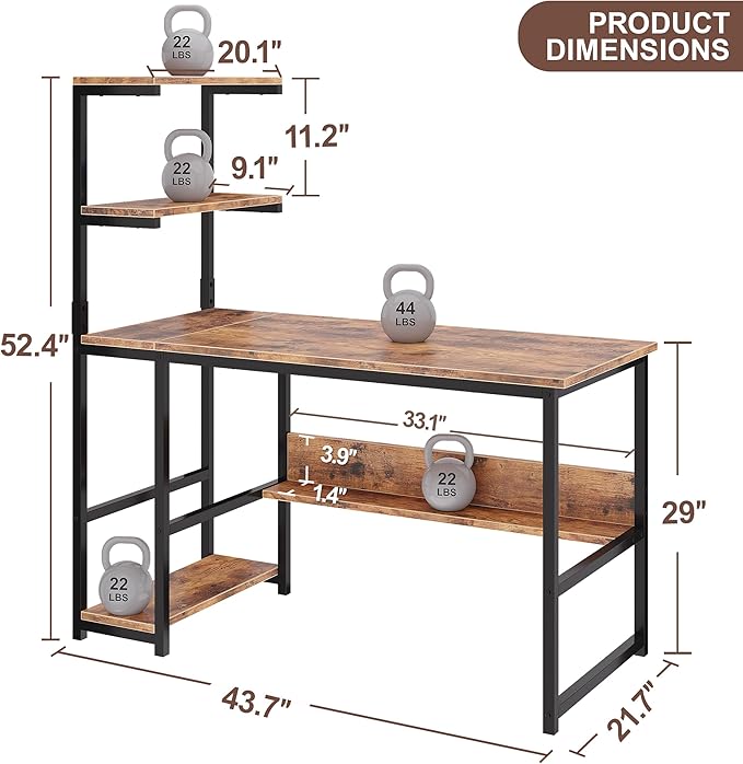L-Shaped Computer Desk with 4-Tier Storage Shelves 43 inch Writing Desk with Bookshelf for Home Office Reversible Corner Gaming Desk for Bedroom Brown (Brown)