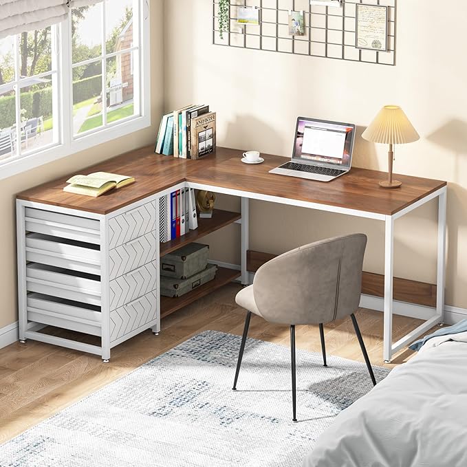 Tribesigns L Shaped Computer Desk with Storage Drawers 59 inch Corner Desk with Shelves Reversible L-Shaped Office Desk Study Writing Table Workstation for Home Office Walnut &amp White