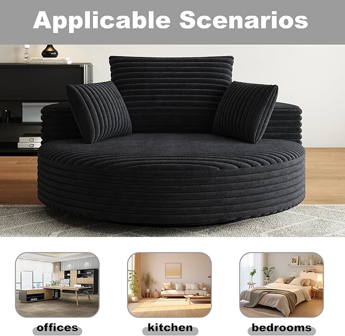 TTK 55” Oversized Corduroy Swivel Chair Fluffy 360° Rotating Sleeper Armchair with Pillows &amp Headrest Full Foam Barrel Chair for Living Room Bedroom Reading Nook Lounge or ApartmentBlack