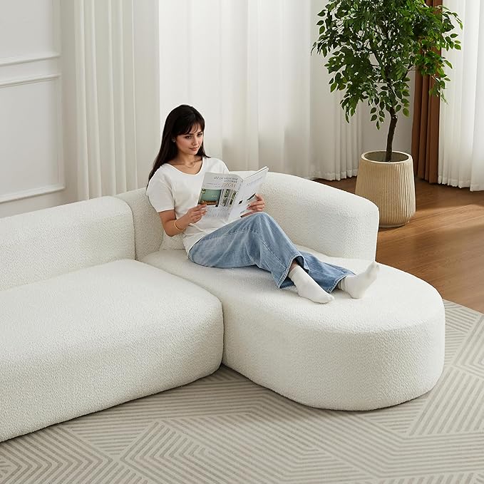 Oversized Sectional Sofa with Chaise with 2 Throw Pillows 109 Modern Luxury Chenille Sofa Extra Deep Seat L-Shape Curved Cloud Couch for Living Room (Right Facing Chaise Beige)