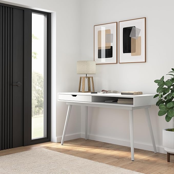 Bush Home Nora 54W Writing Desk with Storage in Pure White | Large Wooden Computer Table for Home Office Study Room or Entryway