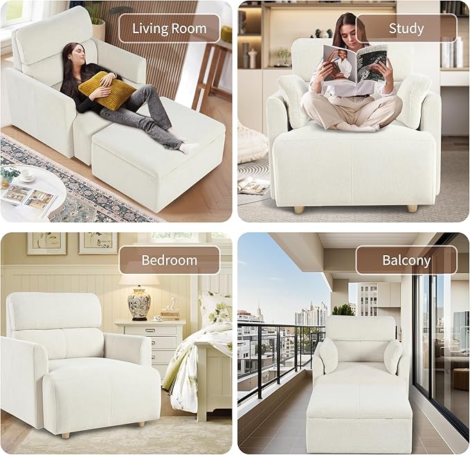 Snowflake Fleece Oversized Accent Chair with Storage Ottoman - 26.57 Wide Deep Seat Reading Chair Convertible Daybed 400lbs Capacity for Living Room &amp Apartment (Beige)