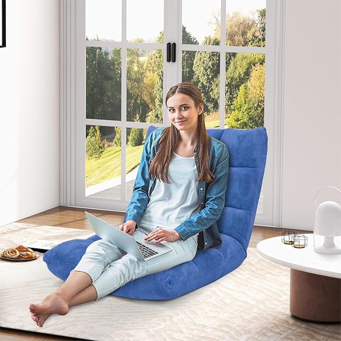 KOMFOTT 14-Position Adjustable Floor Chair with Back Support - Folding Padded Gaming Sofa Chair for Reading Meditation Living Room Lazy Lounge Video Gaming - Blue