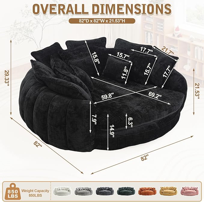 82'' Oversized Upholstered Sofa Bed Round Chaise Lounge Chair Indoor Modern Chenille Boneless Couch No Assembly Required Plush Sleeper Chair with 14 Pillows for Living Room Black