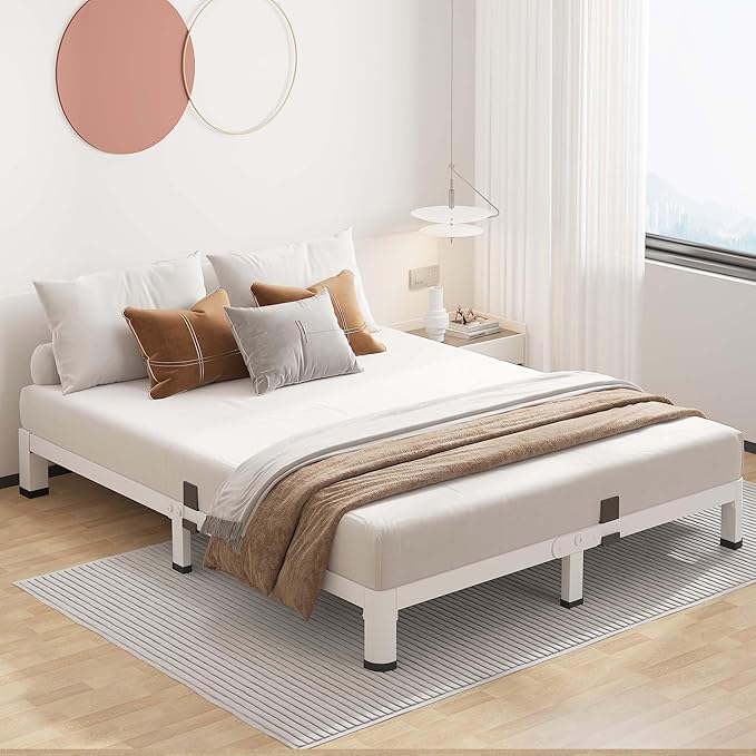 ROIL 4 Inch White Queen Bed Frame with Rounded Corner and Mattress Retainers 3500LBS Heavy Duty Steel Slats No Box Spring Needed Platform Noise-Free Easy Assembly