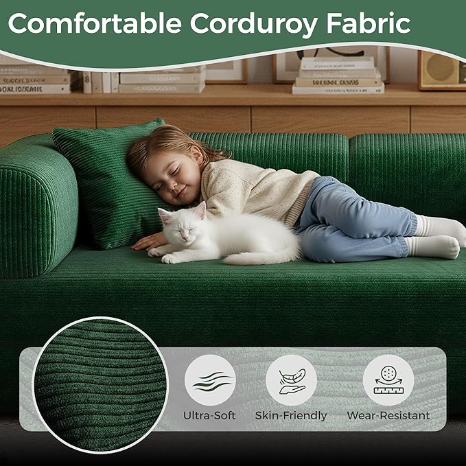 78.5'' Convertible Folding Sofa Bed – 4-in-1 Modular Floor Couch Corduroy Small Cloud Couch Compressed Foldable Sleeper Sofa King Size Futon for Bedroom Guest Room (Green (Dark))