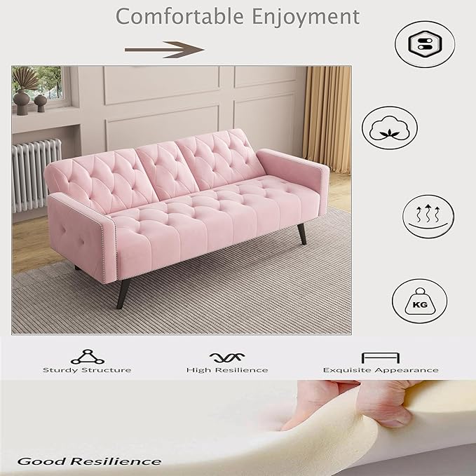 Modern Velvet 2 in 1 Futon Sofa BedConvertible Folding Sleeper Bed Couches with 2 Pillows73 Tufted Recliner Love Seat with Golden Chrome Legs for Living Room Apartment Office (Pink)