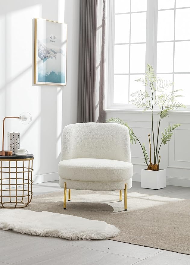 28.4 W Accent Chair Upholstered Curved Backrest Reading Chair Single Sofa Leisure Club Chair with Golden Adjustable Legs for Living Room Bedroom Dorm RoomIvory Boucle
