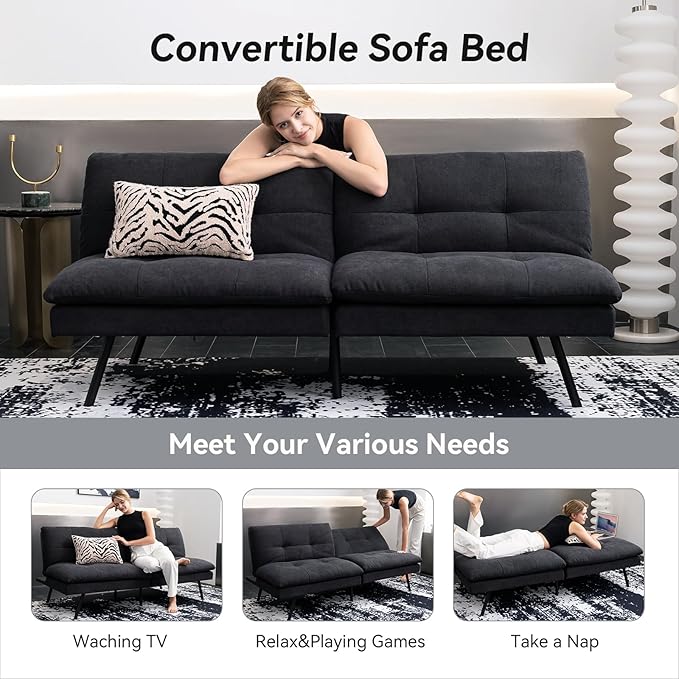Hcore Polyester Memory Foam Convertible Futon Sofa Bed Small Splitback Loveseat 68 L x 32.3 W x 30.7 H Black