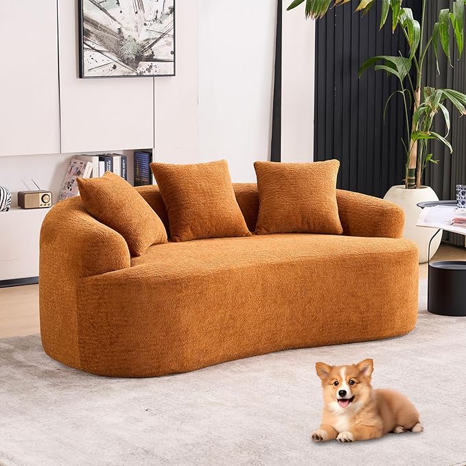 65” Orange Curved Couch&amp Loveseat Sofa with 3 Pillows Compression Couch with Round Armrest Suitable for Small Space Bedroom Living Room Memory Foam Chenille No Assembly (Orange)