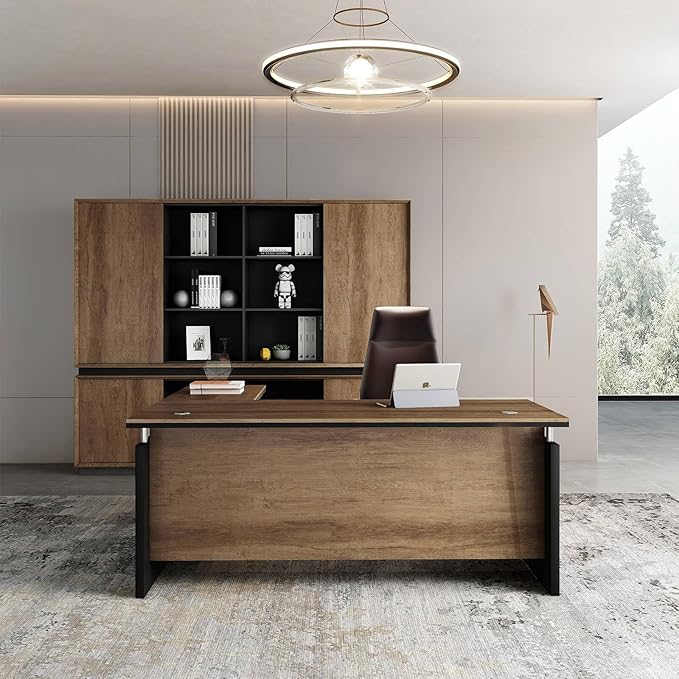SAINTCY 63 Inch L-Shaped Executive Desk Industrial Modern Wood Office Desk with 3 Drawers Built-in Cable Management &amp Power Outlet Real Wood Finish Reversible Left/Right Return Home Workstatio