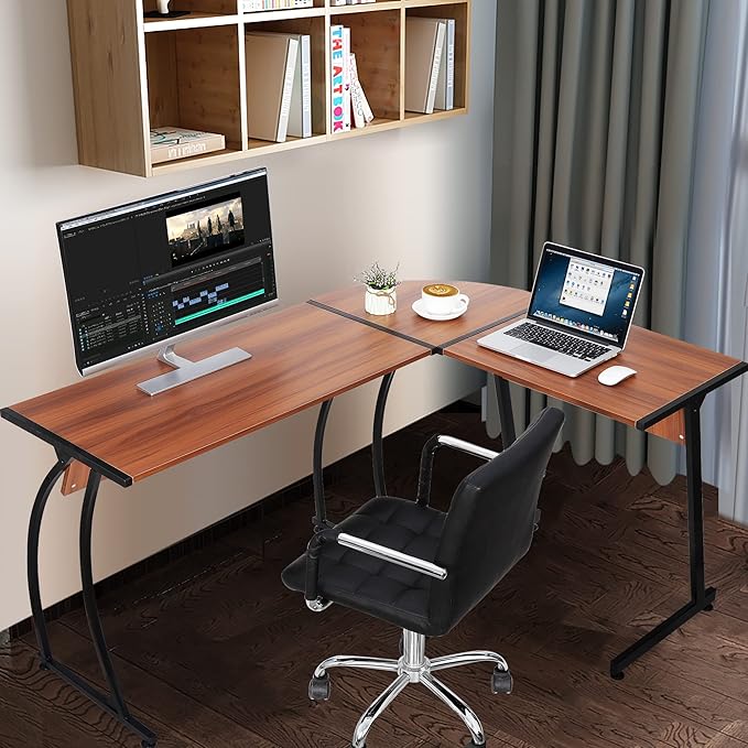 ZenStyle 55 L-Shaped Corner Computer Desk - Sturdy Steel Frame &amp Waterproof Surface Walnut Wood Grain Design for Home Office Gaming &amp Multipurpose Workstation
