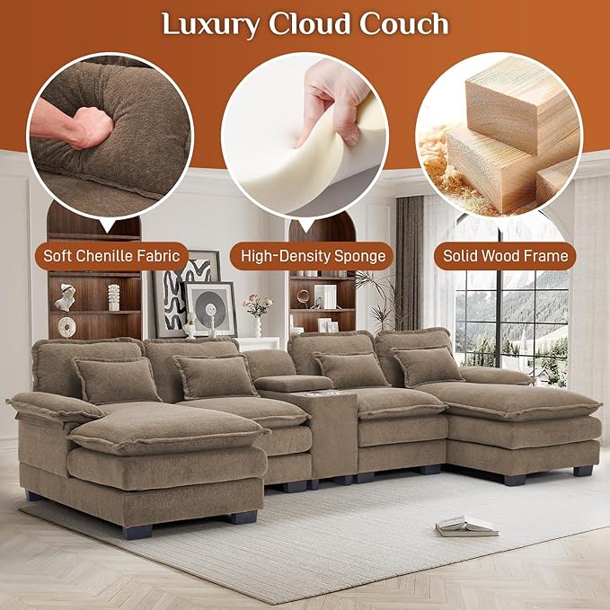 133 Oversized U Shaped Cloud Couch Modular Sectional Couches for Living Room Comfy Chenille Deep Seat Sofa Set with Double Chaise Lounge Storage Central Console Cup Holders USB Port Brown