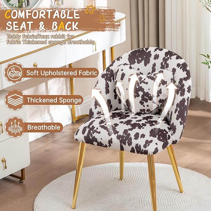 Vanity ChairAccent Makeup Comfy Cute Desk Girls Fluffy Chairs for Bedroom No Wheels Gold Metal Legs Stool (Cow Velvet)
