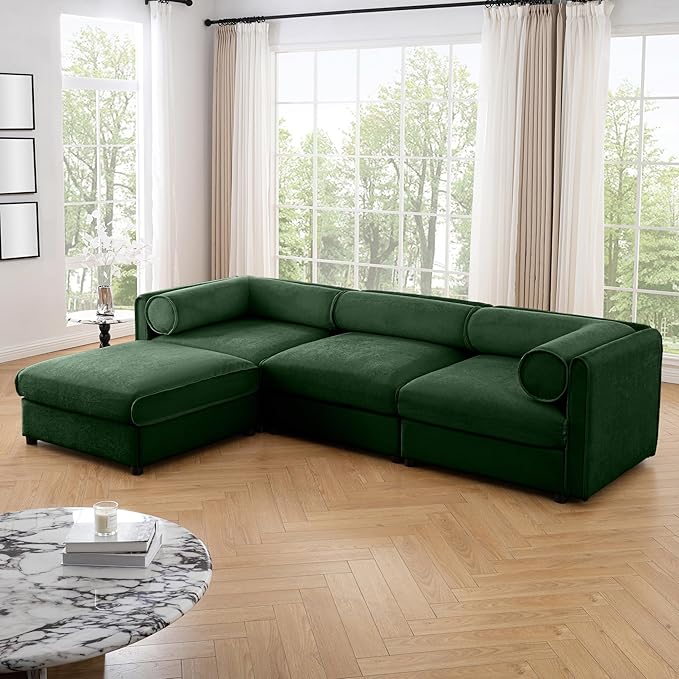 109 inch Cloud Modular 3 Seater Sofa with Storage Ottoman Modern Upholstered Storage Sofa Couch Deep Seat L Shape Sectional Sofa Chenille Comfy Couch for Living Room Apartment Green