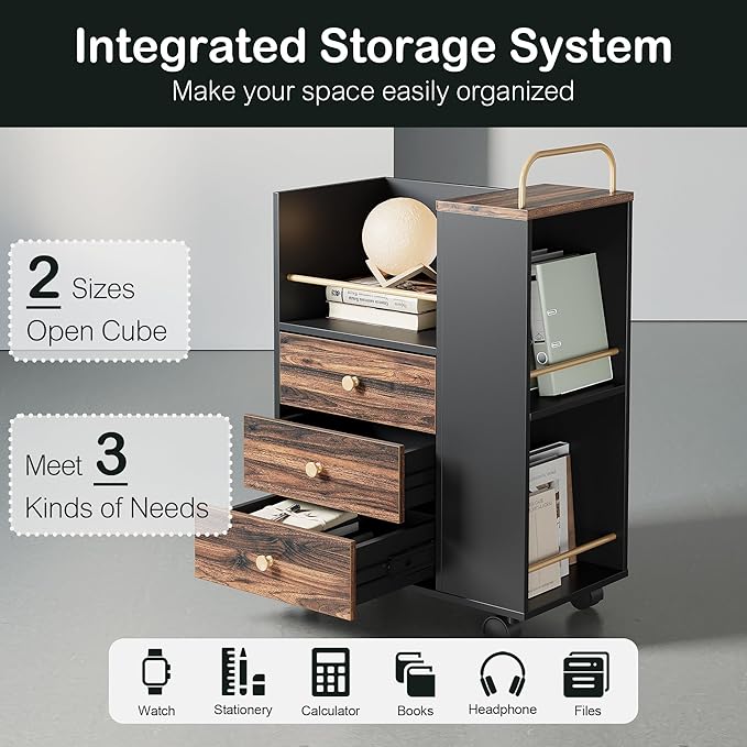 Mobile File Cabinet with 3 Drawers 20 Wood Lateral Filing Cabinet with Lockable Wheels Fit Letter/A4 Size or Home Office Utility Cart with Open Storage Shelf Black Walnut