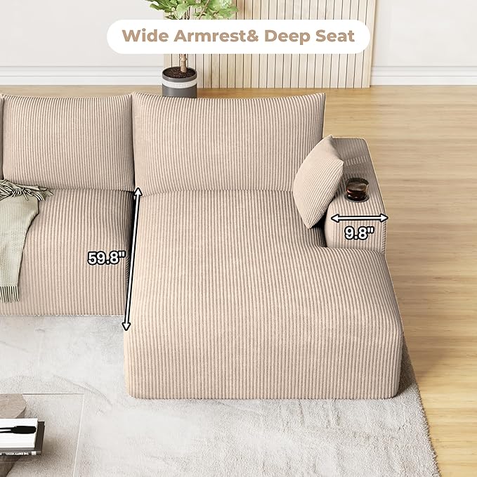 113 Modular Sectional Sofa Cloud Couch Modern Deep Seat Fluffy Corduroy Boneless Couch with Cup Holder Comfy L Shaped Sectional Couches for Living Room Bedroom. (Right Facing Camel)