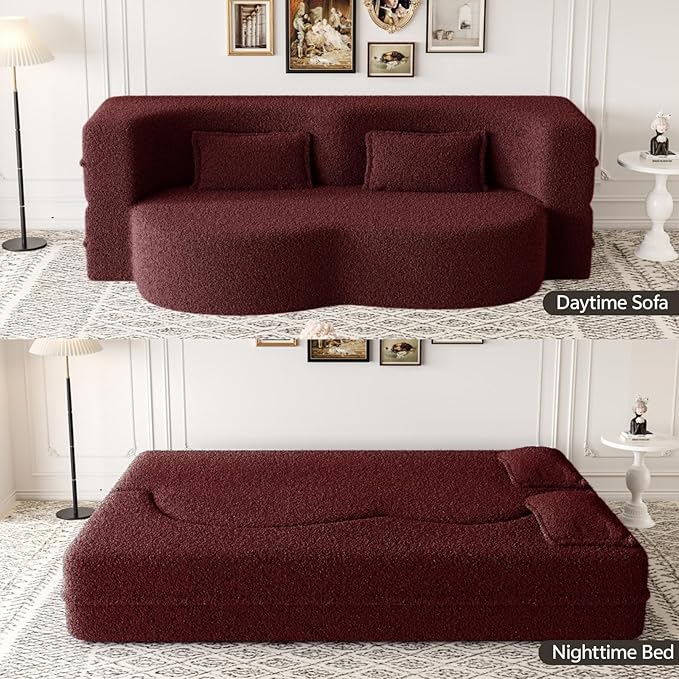 Newfun 78 Convertible Sofa Bed 2 in 1 Folding Couch Bed Futon Sofa Bed with Two Pillows Loveseat Sofa for Living Room Bedroom Lounge Compressed Modern Sofa No Assembly Required (Burgundy)
