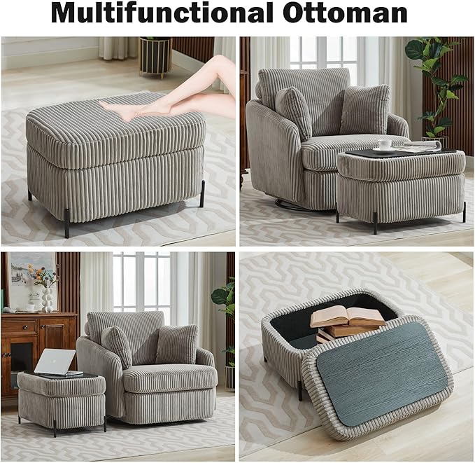 Chifee &amp Vingol 40.6 Oversized Swivel Accent Chair with OttomanCorduroyGray