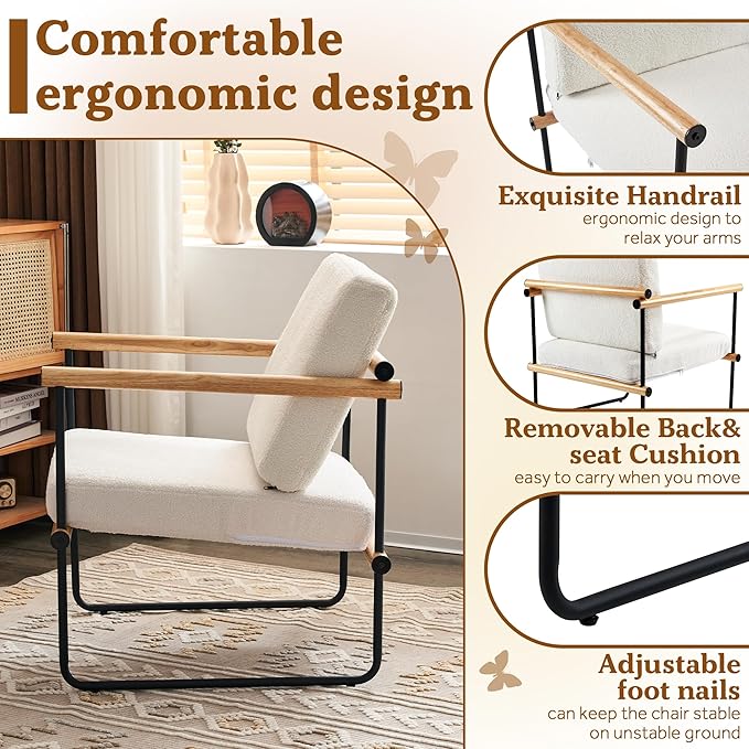 29in Boucle Fabric Accent Chair for Bedroom Modern Lounge Chair for Living Room Upholstered Reading Armchair with Metal and Wooden Arms (Natural x1)
