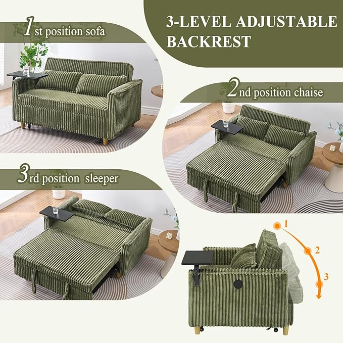3 in 1 Pull Out CouchCorduroy Upholstered Convertible Sleeper Sofa Bed with Movable Side Table Modern Multifunctional Sofa with USB Port Cushioned Couch for Living Room (Green)