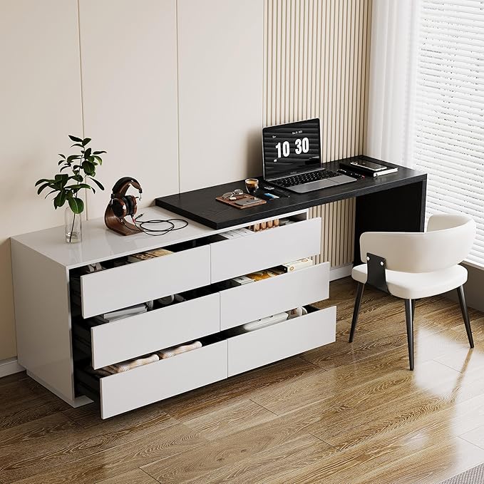 59 Adjustable L-Shaped Vanity Desk with 6 Storage Drawers Extendable Makeup Table for Bedroom Modern Dressing Table for Bedroom Apartment or Home Black and White