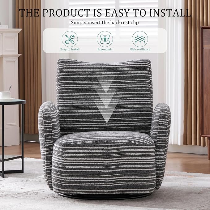 Modern Boucle Upholstered Accent Swivel Barrel ChairLeisure Club Lounge Chair with Sand-Rimmed Fabric and Metal Bracket for Living Room Bedroom Home Office (Dark Gray Boucle)