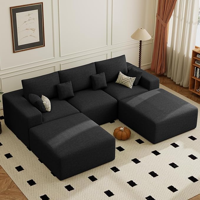 113 Modular Sectional Sofa Convertible U-Shaped Cloud Couches for Living Room with Ottoman 5 Seater Chenille Boneless Couch Sofa Set No Assembly Required Black 1 PCS